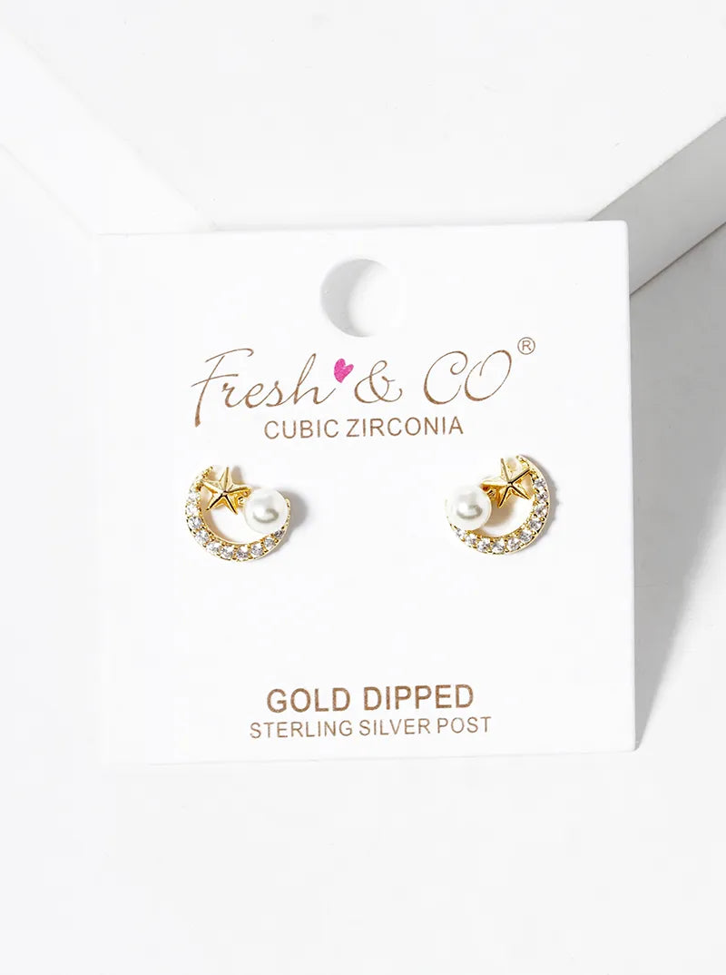 Celestial-Theme 18K-Gold-Dipped Pearl CZ Pave Moon And Star Stud Earrings