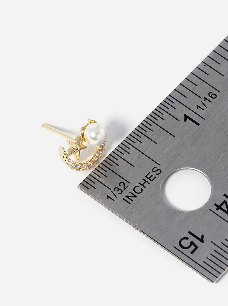Celestial-Theme 18K-Gold-Dipped Pearl CZ Pave Moon And Star Stud Earrings