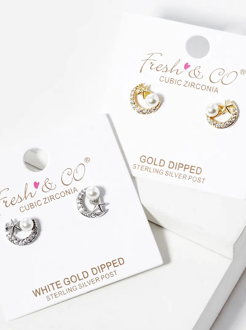 Celestial-Theme 18K-Gold-Dipped Pearl CZ Pave Moon And Star Stud Earrings