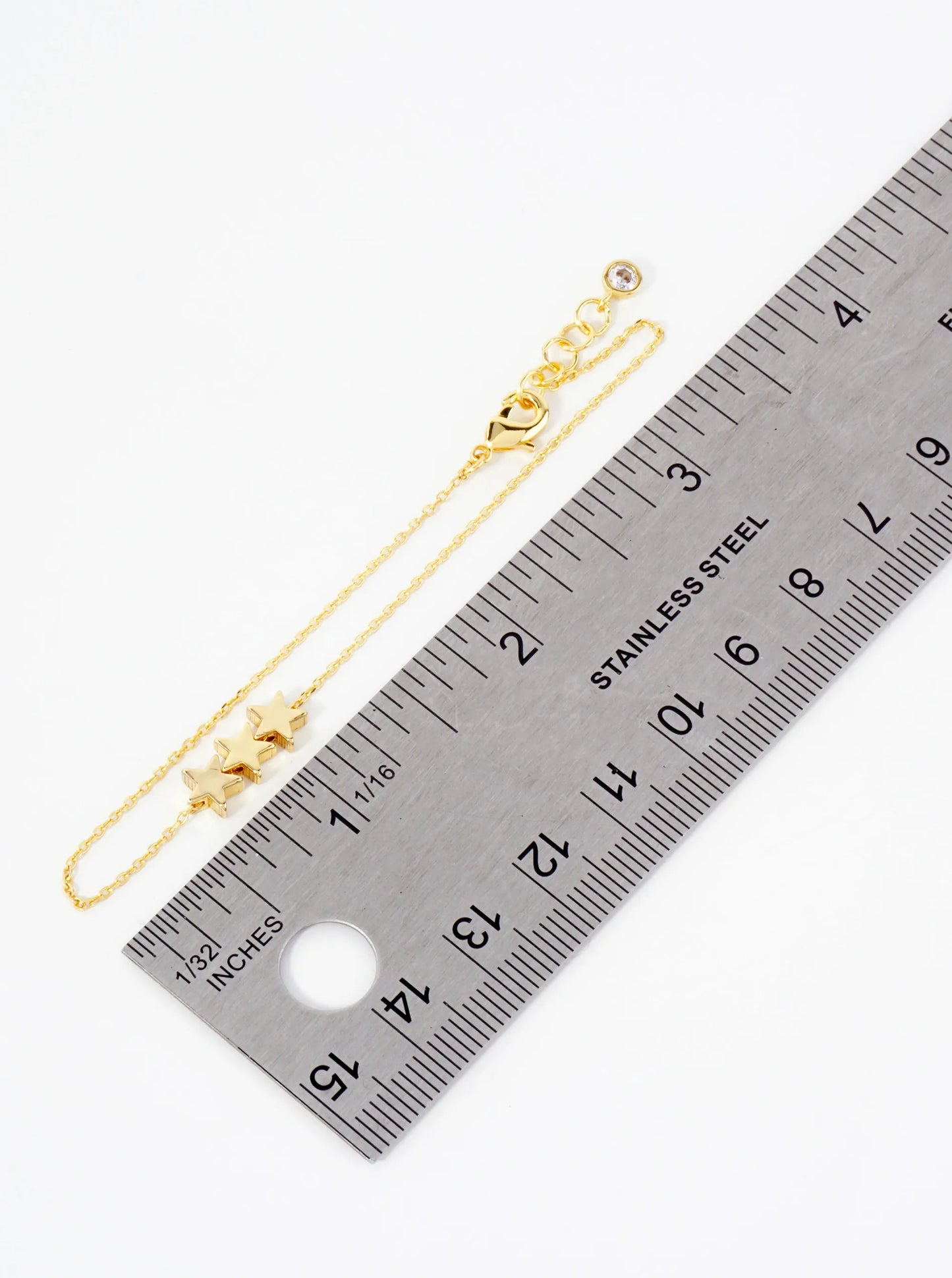 Celestial-Theme 5mm Polished Brass Three-Star Accents 18K-Gold-Dipped Chain Bracelet