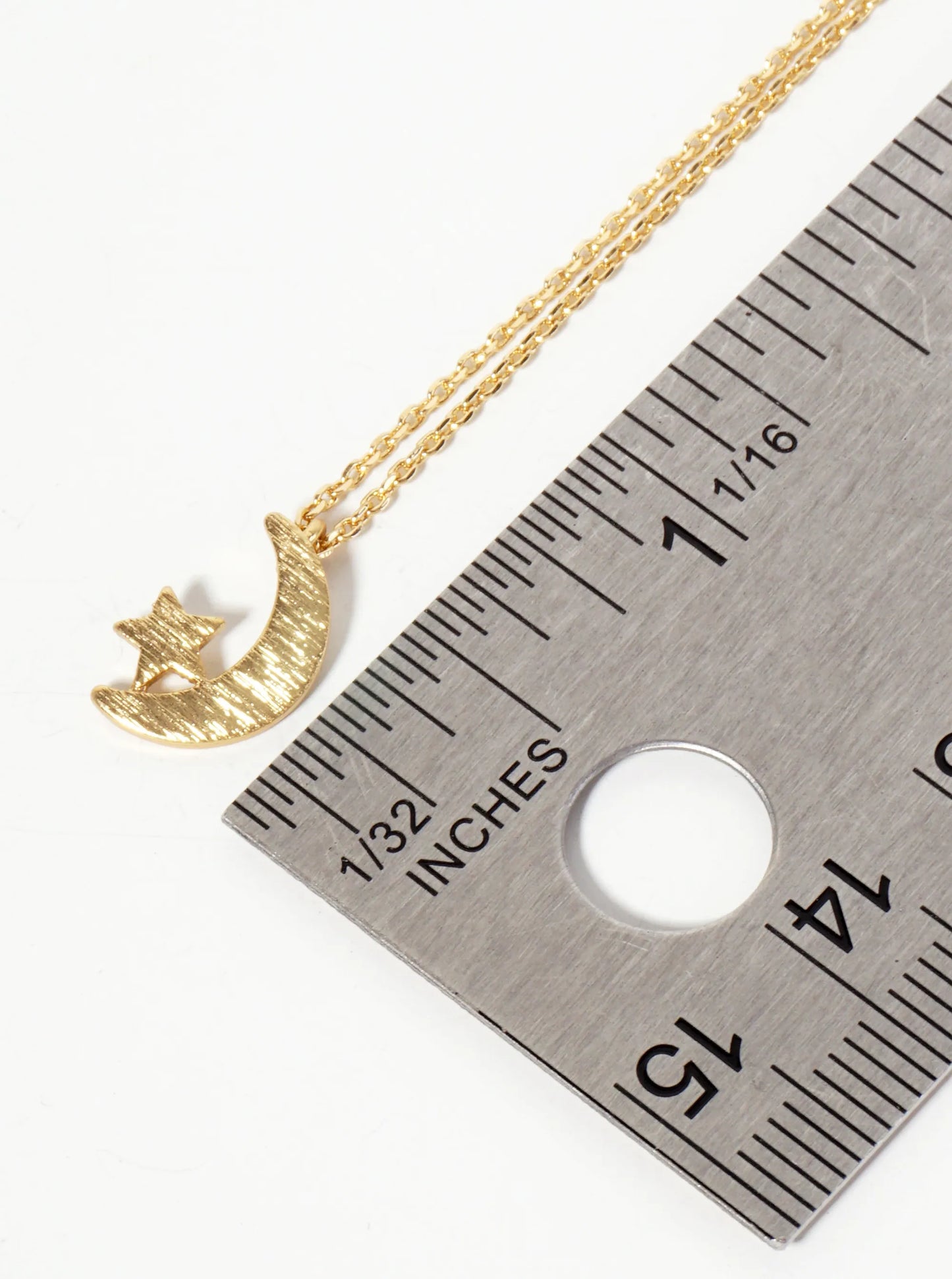 Celestial-Theme Brushed-Texture Moon And Star Pendant 18K-Gold-Dipped Necklace