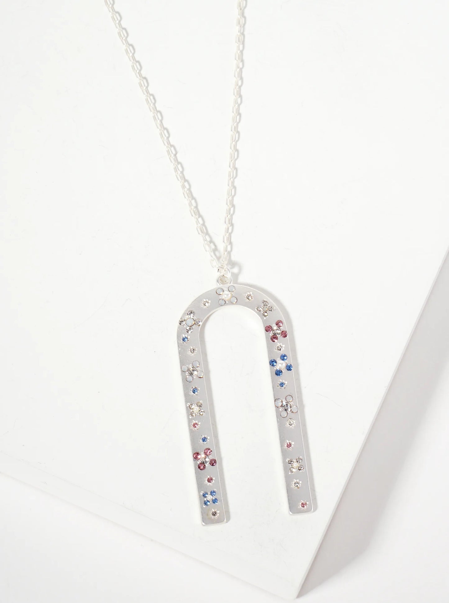 Celestial-Theme Crystal-Pave Arch-Shaped Geometric Pendant 30-inch Long Necklace