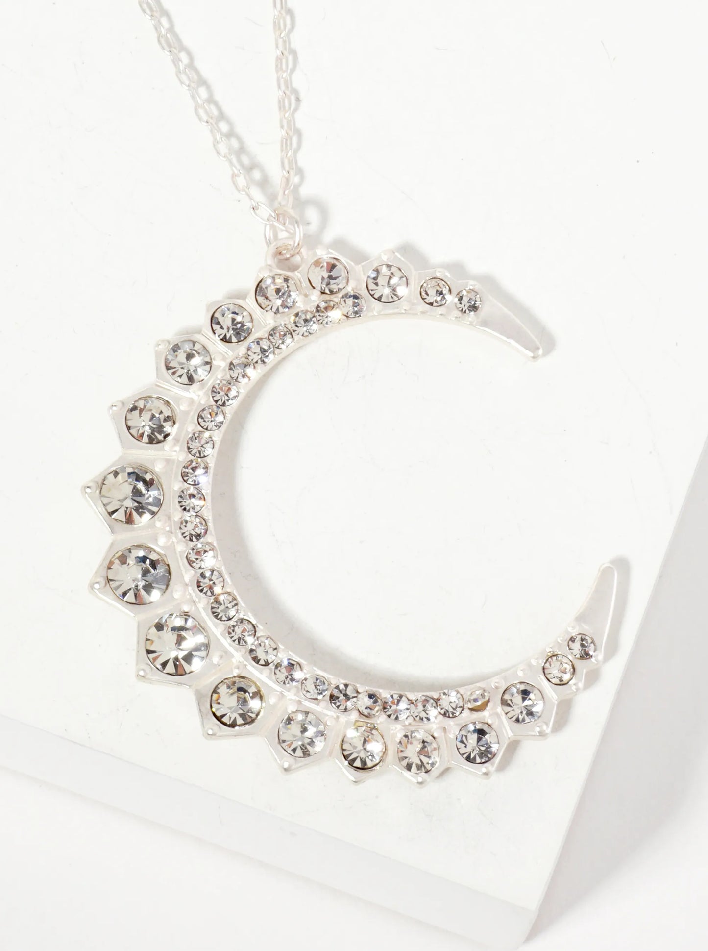 Celestial-Theme Glass-Beaded Crescent Moon Pendant 30-inch Long Necklace