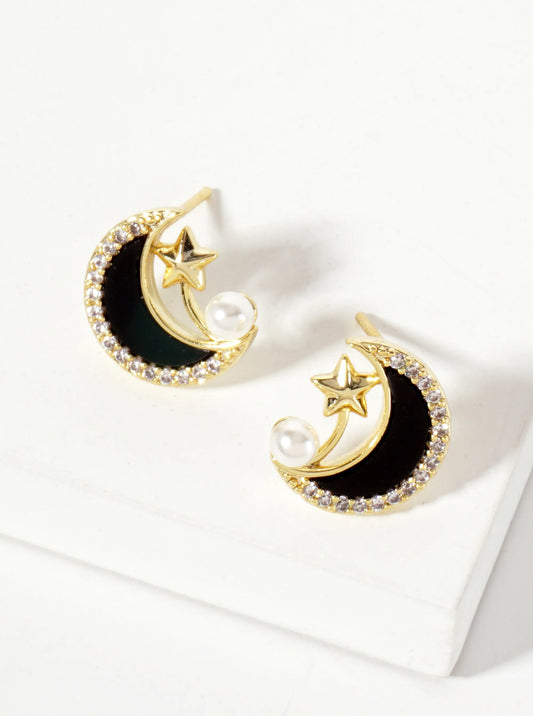 Celestial-Theme Pearl Pave-Set Cubic-Zirconia Crescent Moon 18K-Gold-Dipped Stud Earrings