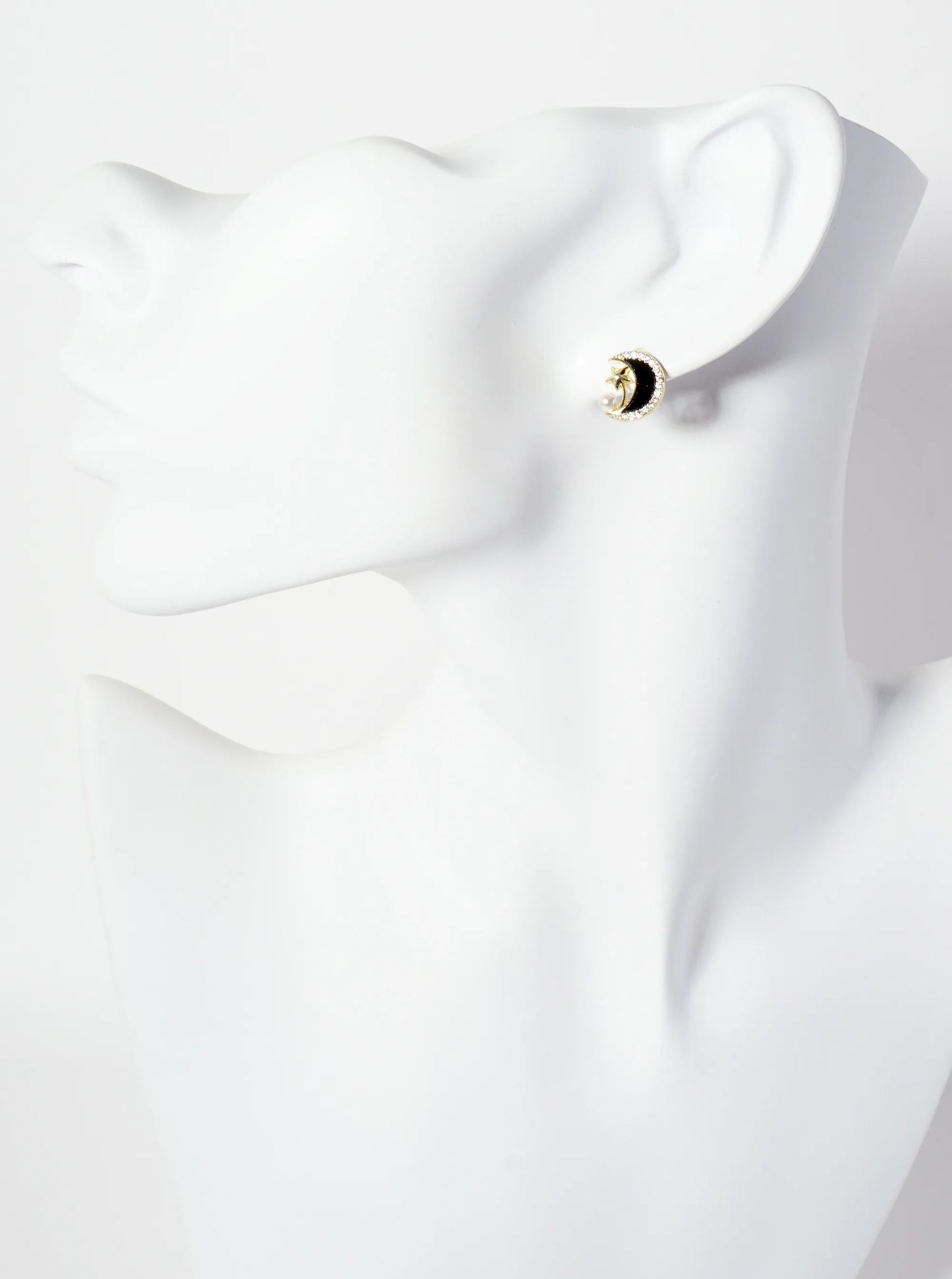Celestial-Theme Pearl Pave-Set Cubic-Zirconia Crescent Moon 18K-Gold-Dipped Stud Earrings