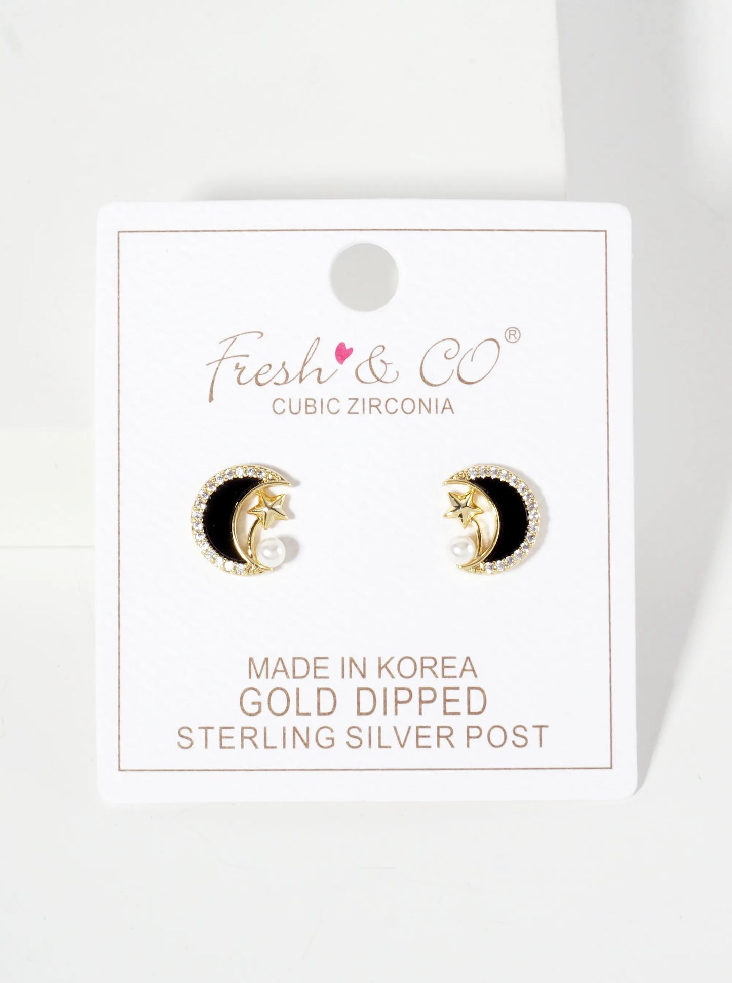 Celestial-Theme Pearl Pave-Set Cubic-Zirconia Crescent Moon 18K-Gold-Dipped Stud Earrings