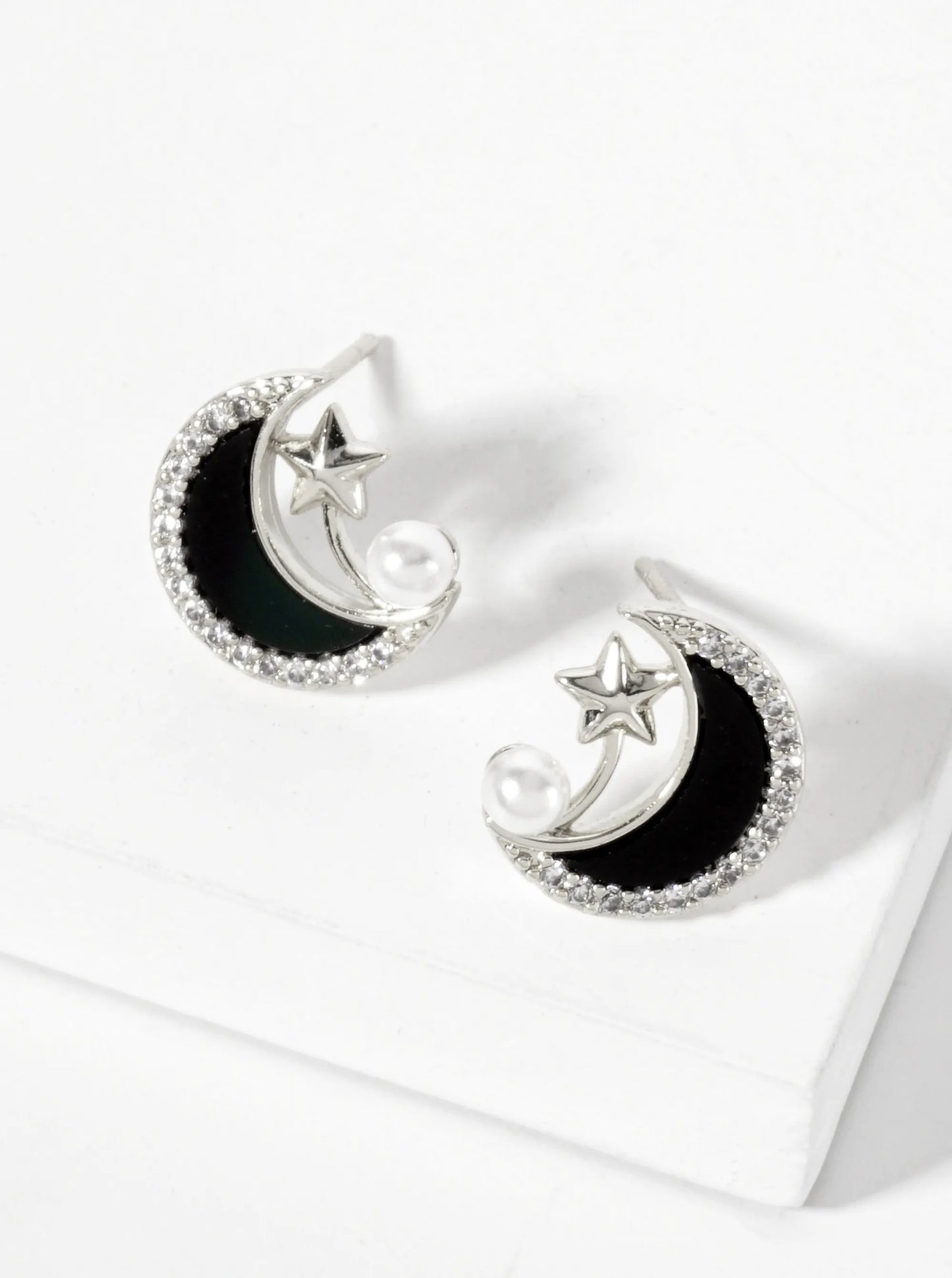 Celestial-Theme Pearl Pave-Set Cubic-Zirconia Crescent Moon 18K-Gold-Dipped Stud Earrings