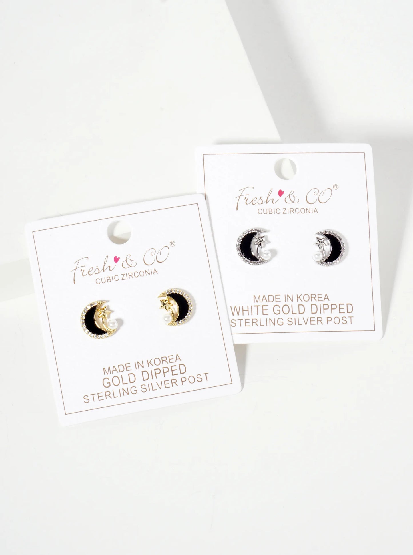 Celestial-Theme Pearl Pave-Set Cubic-Zirconia Crescent Moon 18K-Gold-Dipped Stud Earrings
