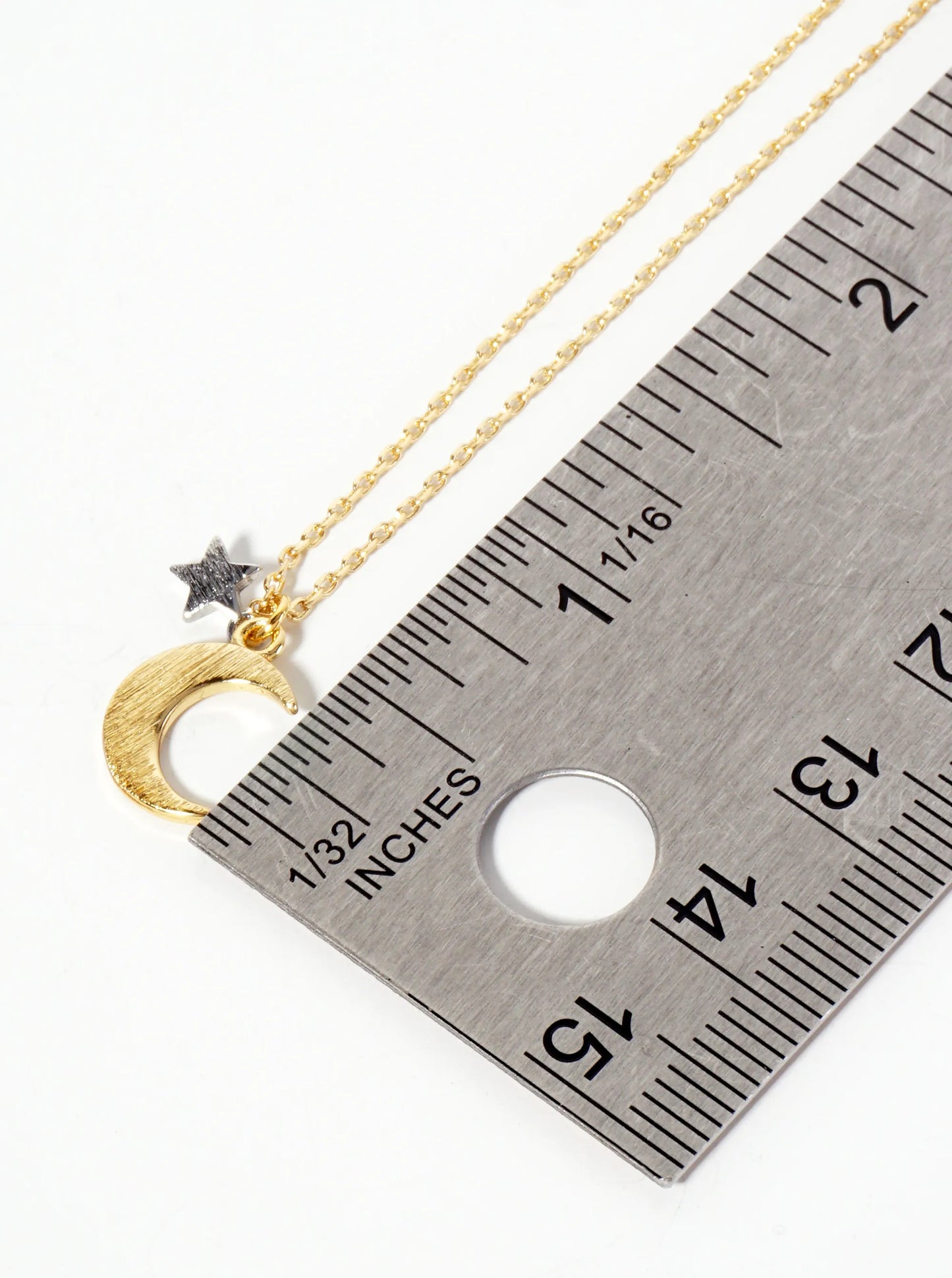 Celestial-theme 18K-Gold-Dipped Brass Brushed-Texture Dual-Tone Star-and-Moon Pendant Necklace