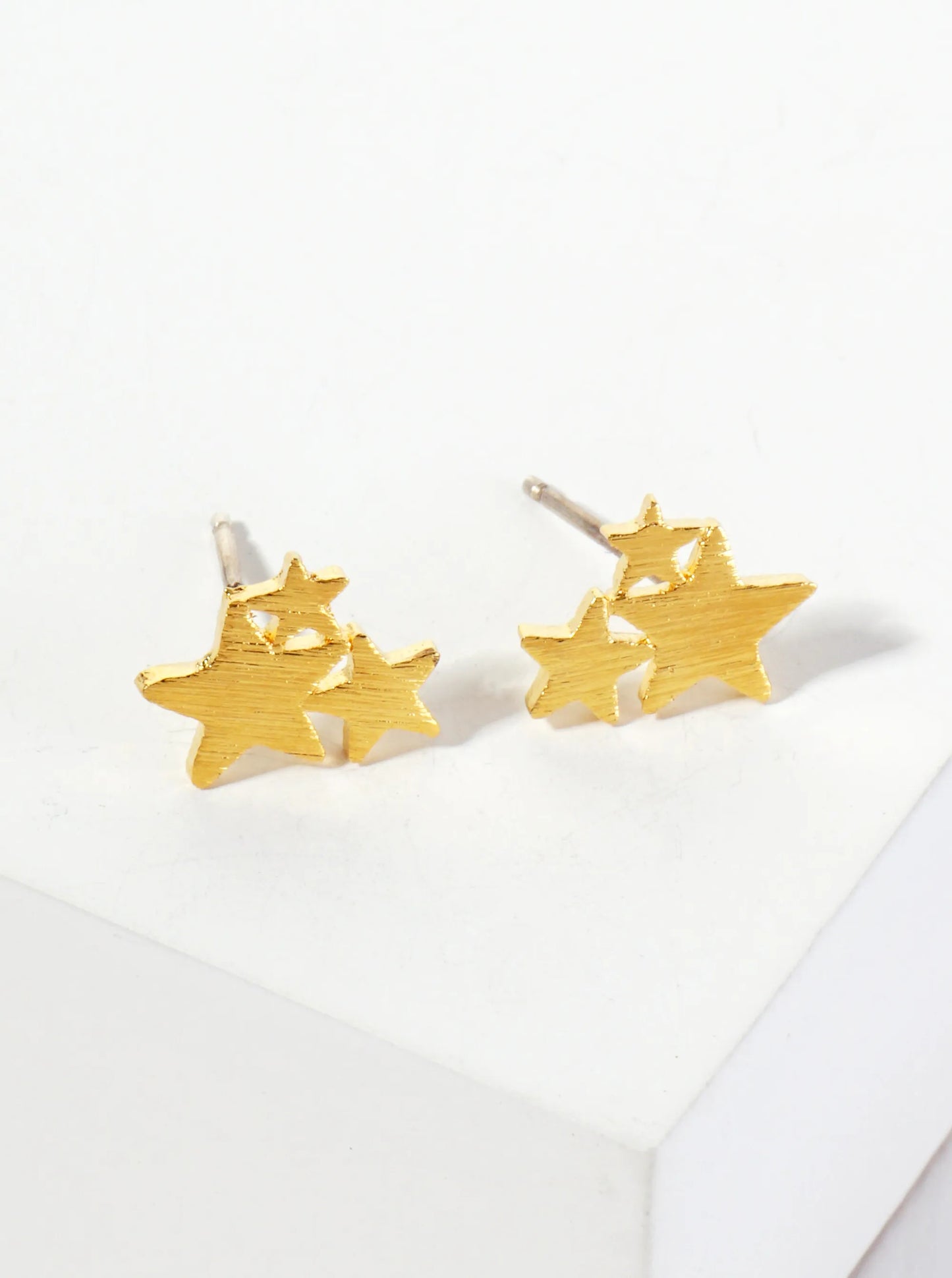 Celestial-theme 18K-Gold-Dipped Brass Brushed-Texture Three Stars Stud Earrings