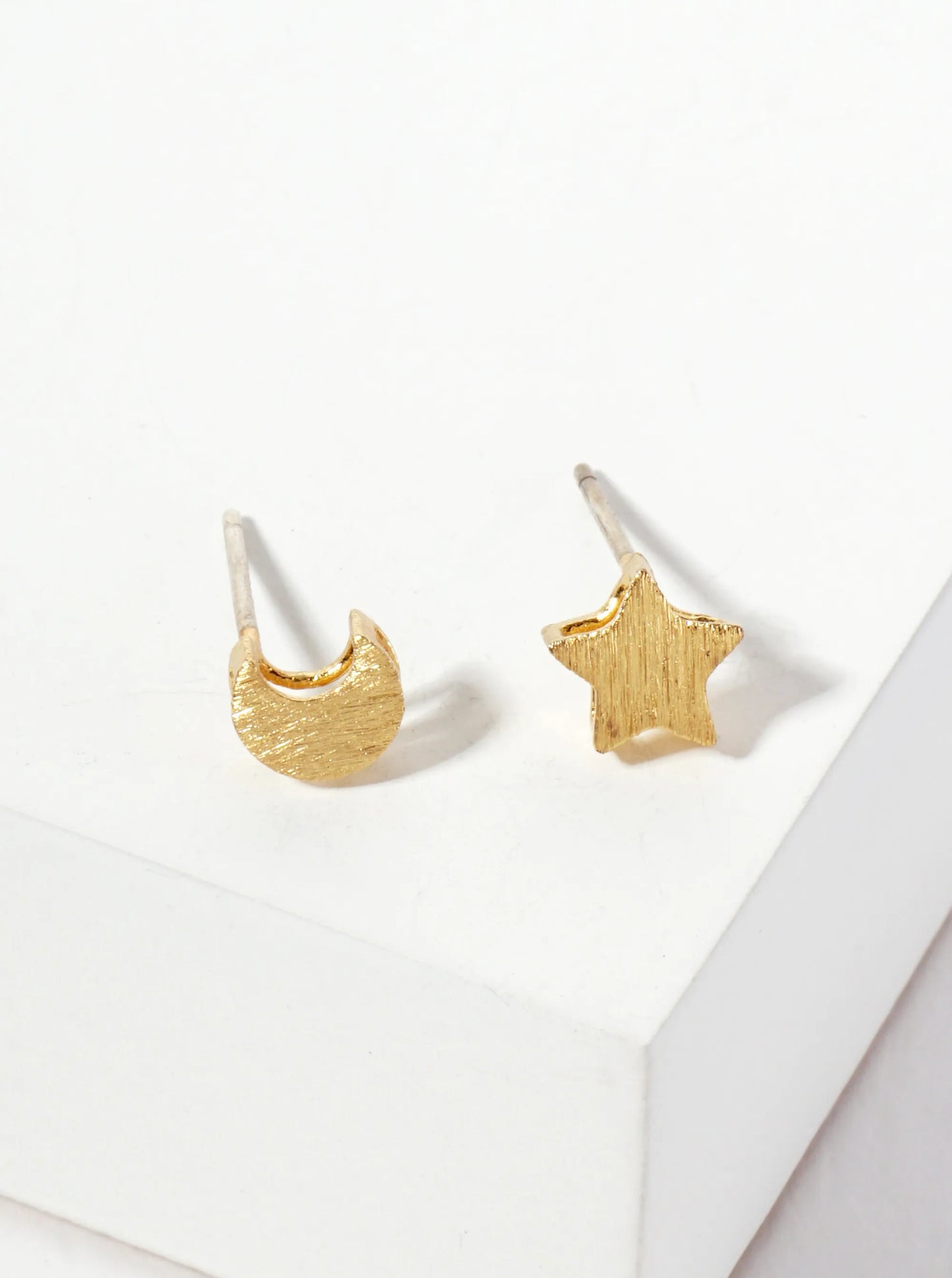 Celestial-theme 18K-Gold-Dipped Brushed-Texture Brass Star And Moon Stud Earrings