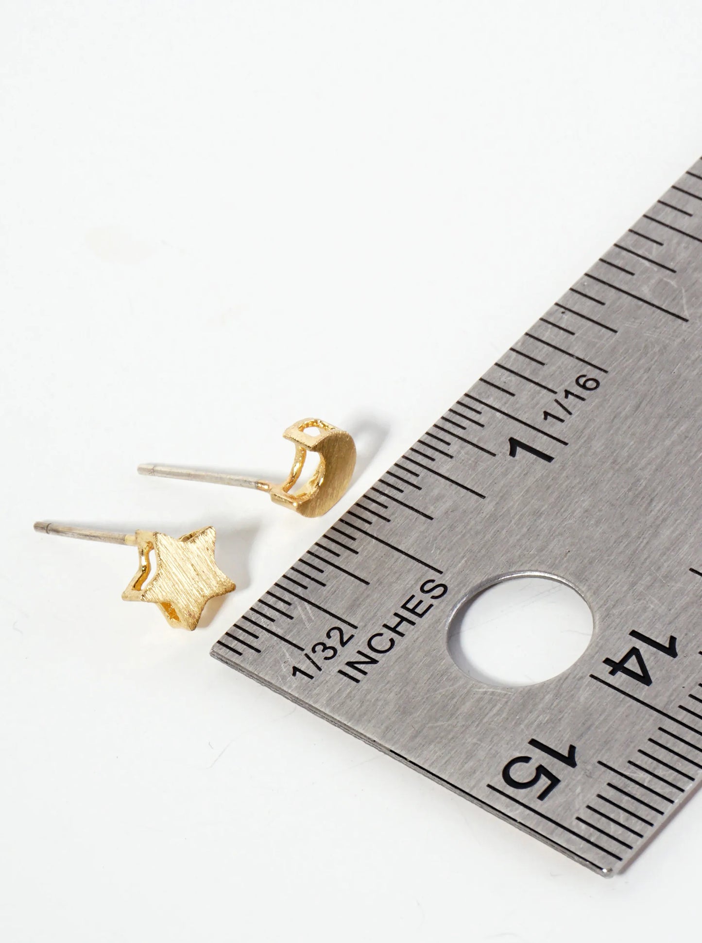 Celestial-theme 18K-Gold-Dipped Brushed-Texture Brass Star And Moon Stud Earrings