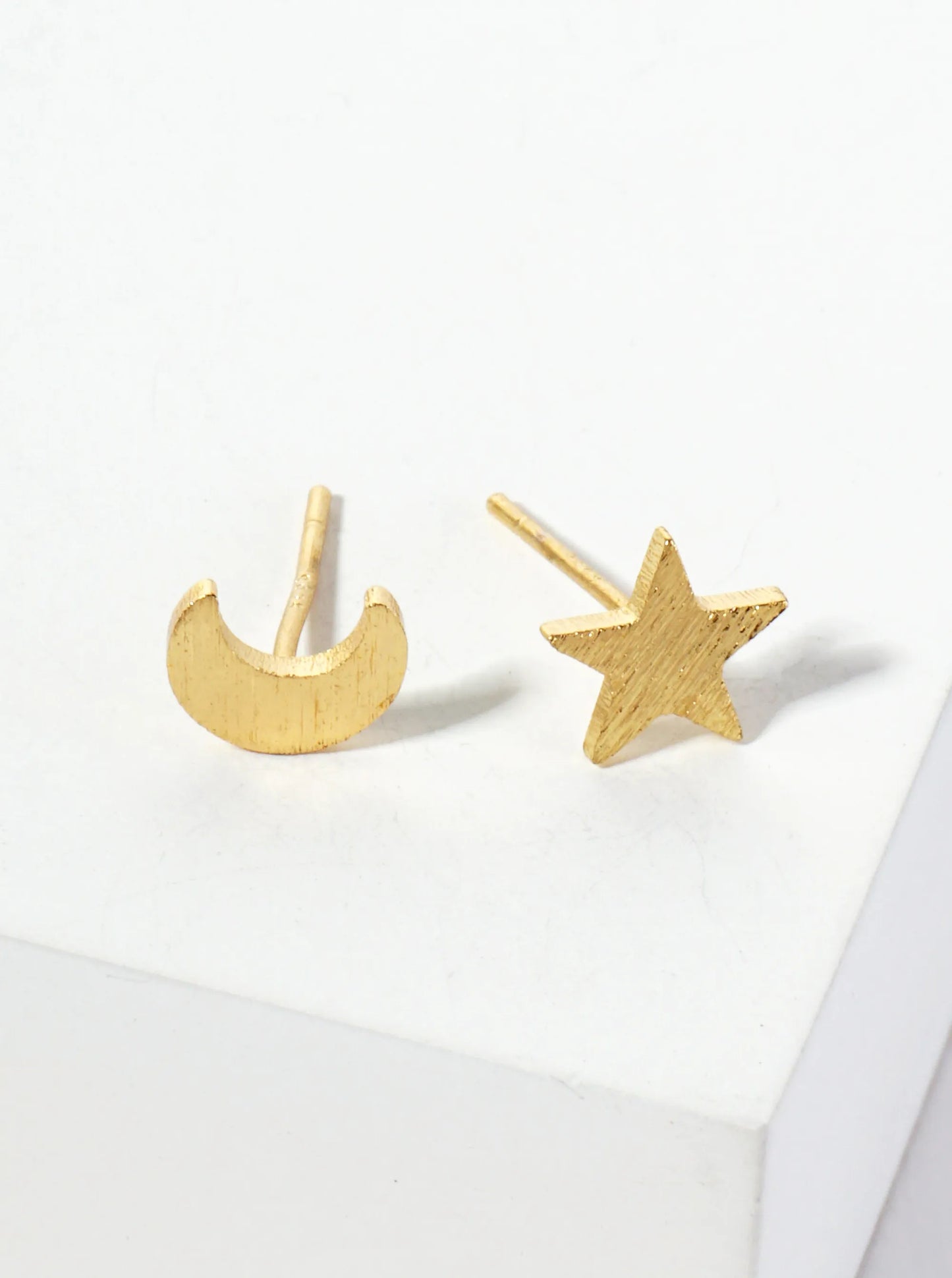 Celestial-theme Brass Brushed-texture Moon And Star 18K-Gold-Dipped Stud Earrings