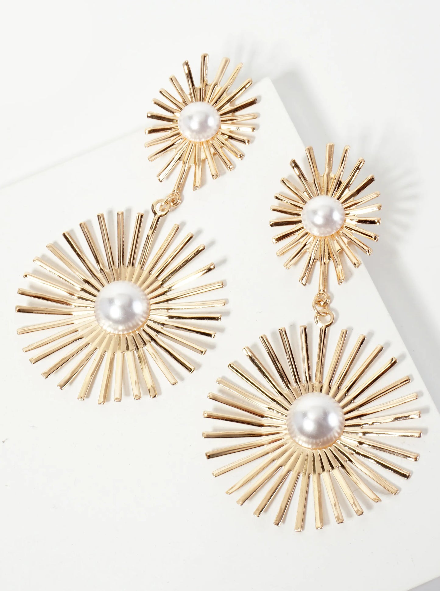 Celestial-theme Textured Double Starburst Pearl Drop Dangle Earrings