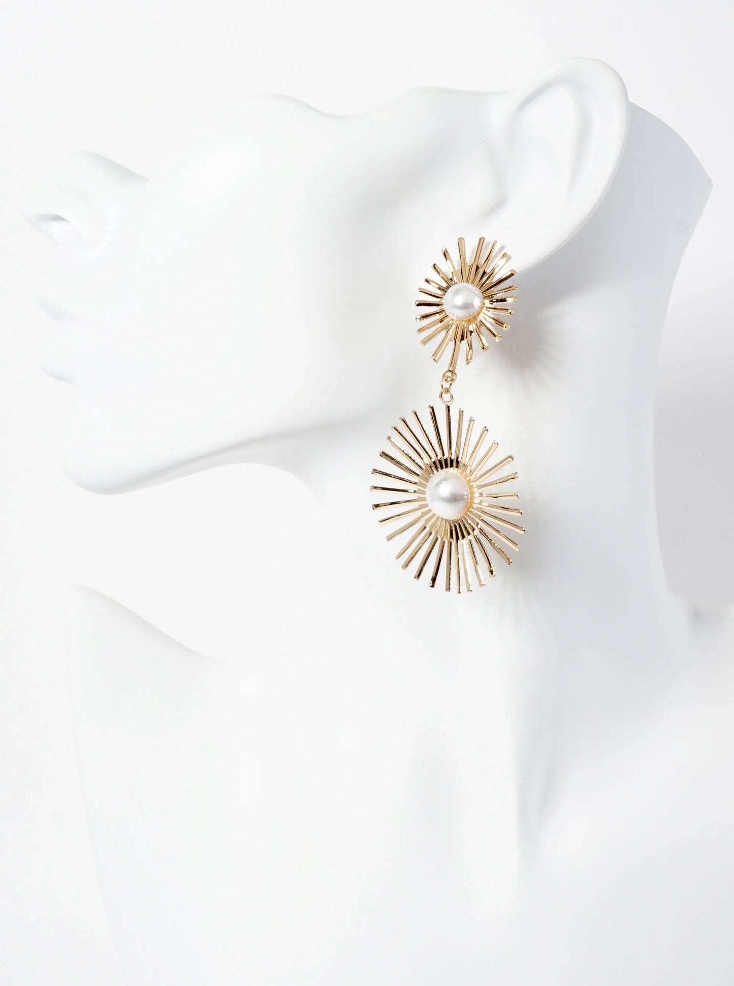 Celestial-theme Textured Double Starburst Pearl Drop Dangle Earrings