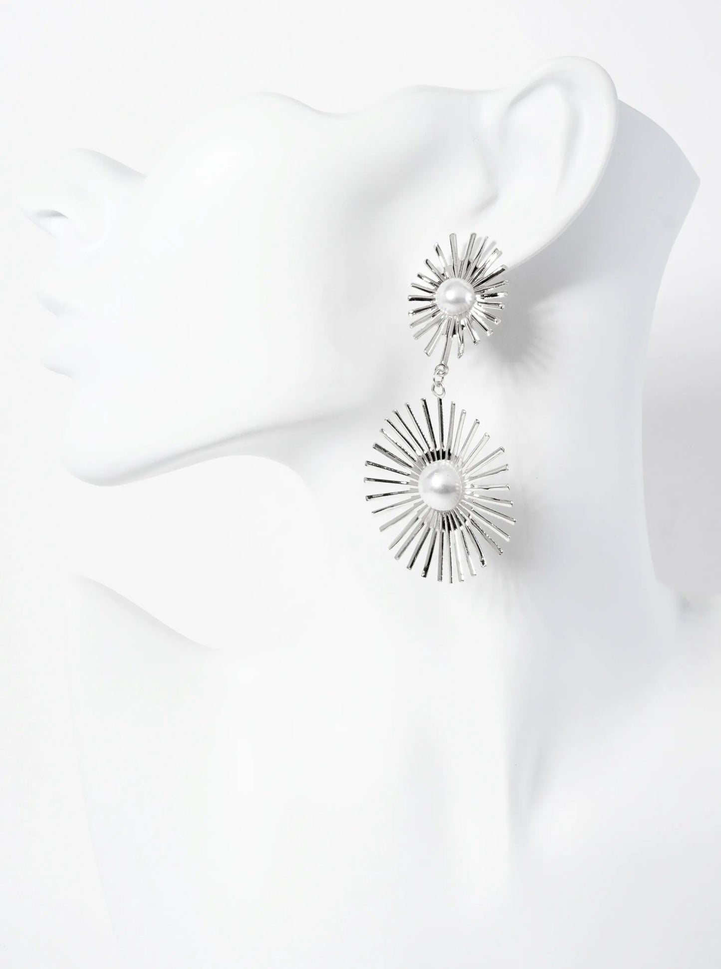 Celestial-theme Textured Double Starburst Pearl Drop Dangle Earrings