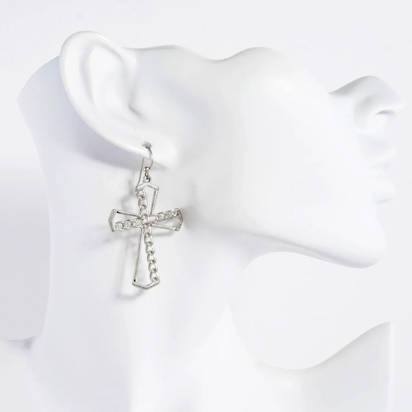 Chain Cross Overlaid On Cutout Cross Dangle Earrings