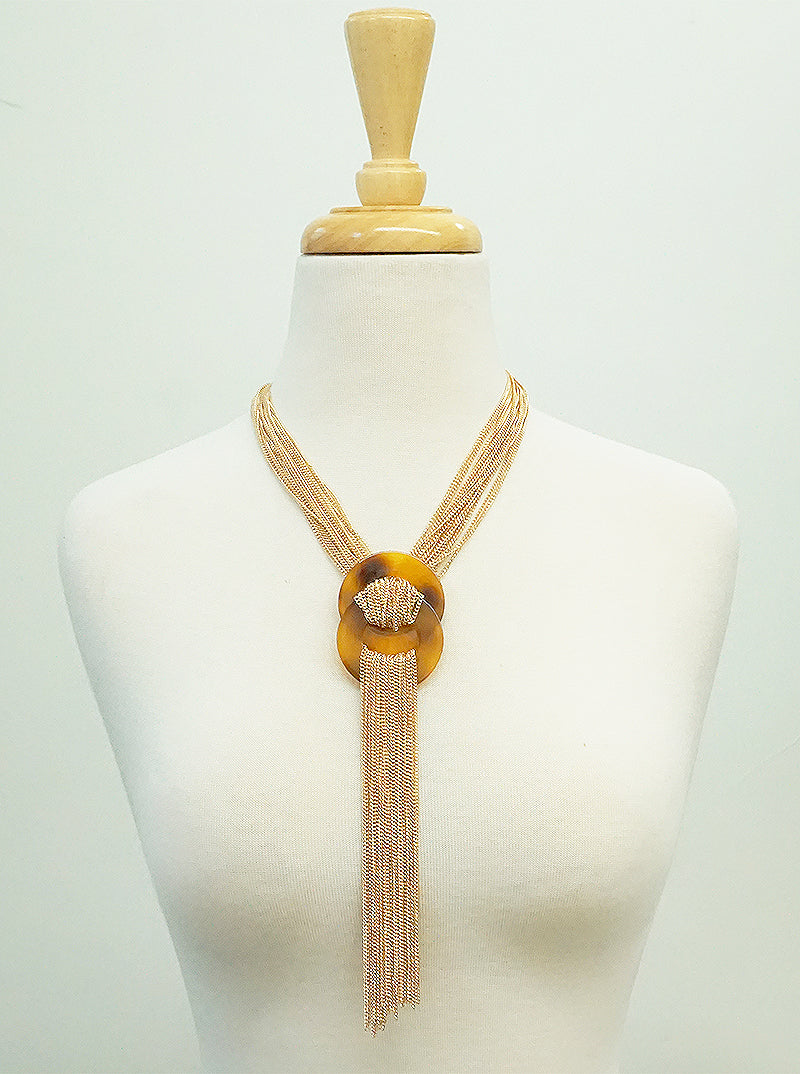 Chain Fringe Overlapped Round Acetate Y Necklace