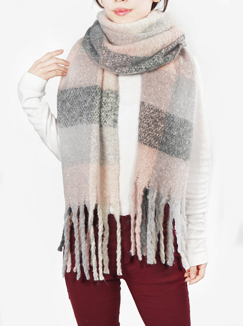 Checkered Plaid Fluffy Oversized Unisex Oblong Scarf With Fringe