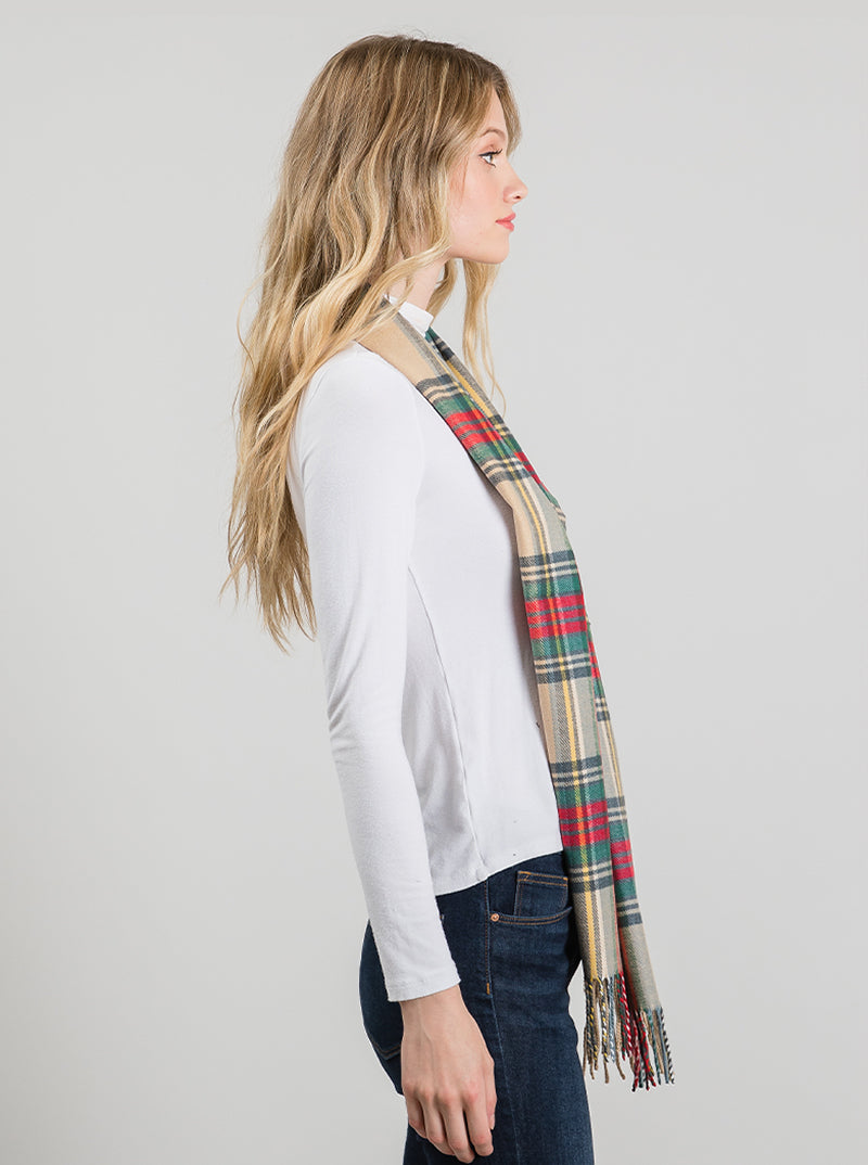 Checkered Plaid Multi Color Oblong Fringe Scarf