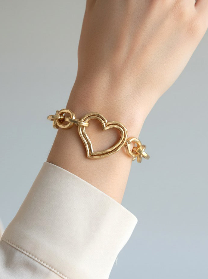 Chunky Hammered Chain Dual Heart Stretch Bracelet