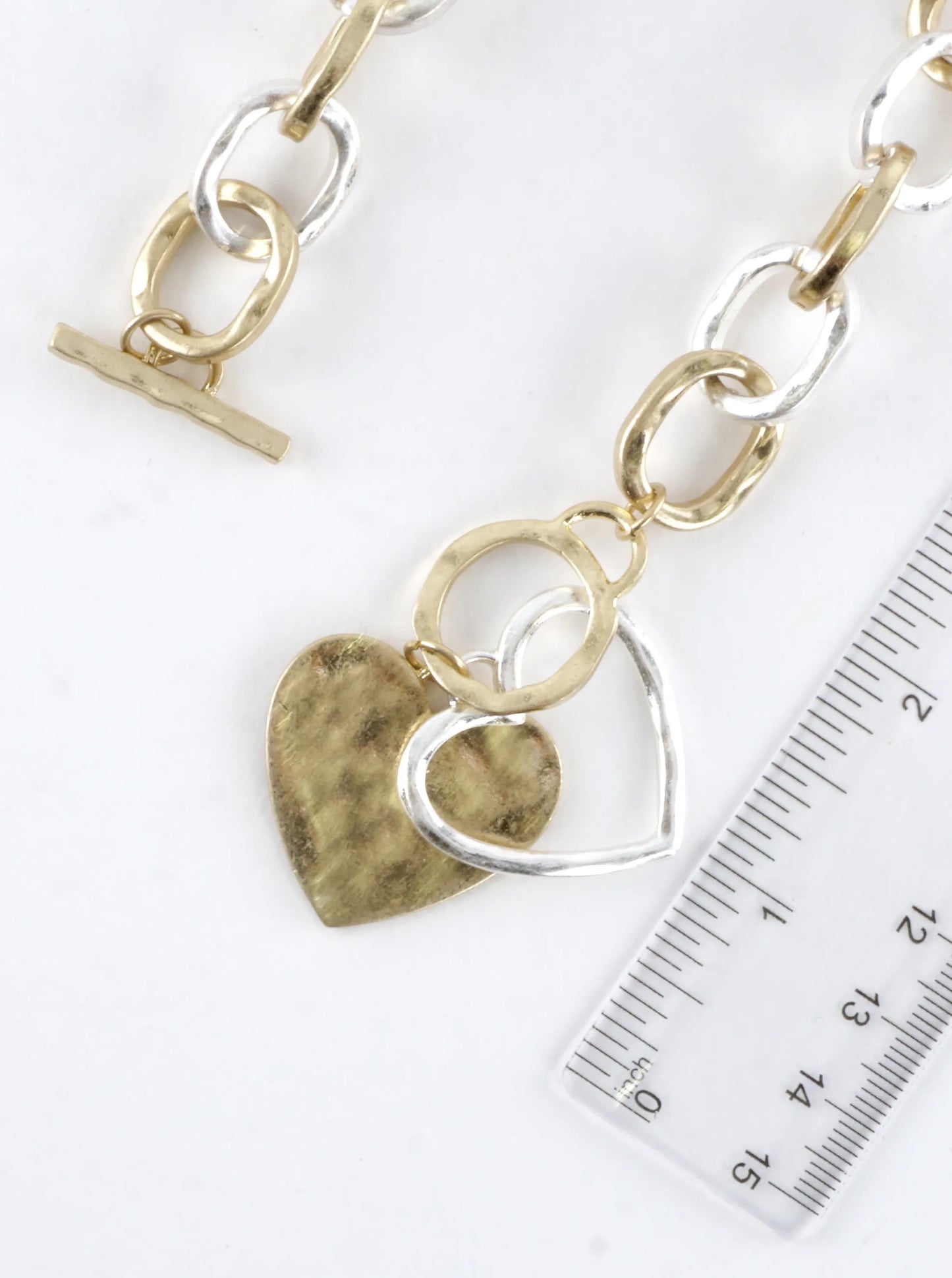 Chunky Hammered Chain Two Hearts Toggle Necklace