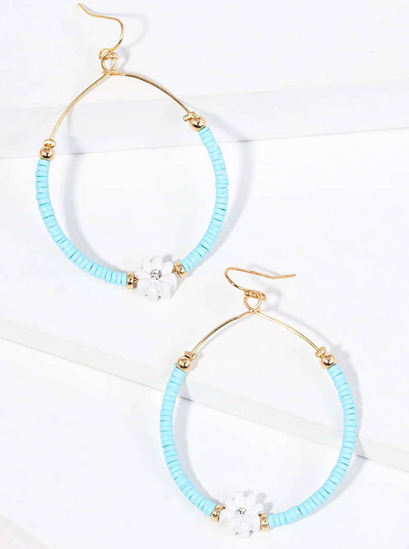 Clay Beaded Flower Charm Circle Wire Dangle Drop Earrings