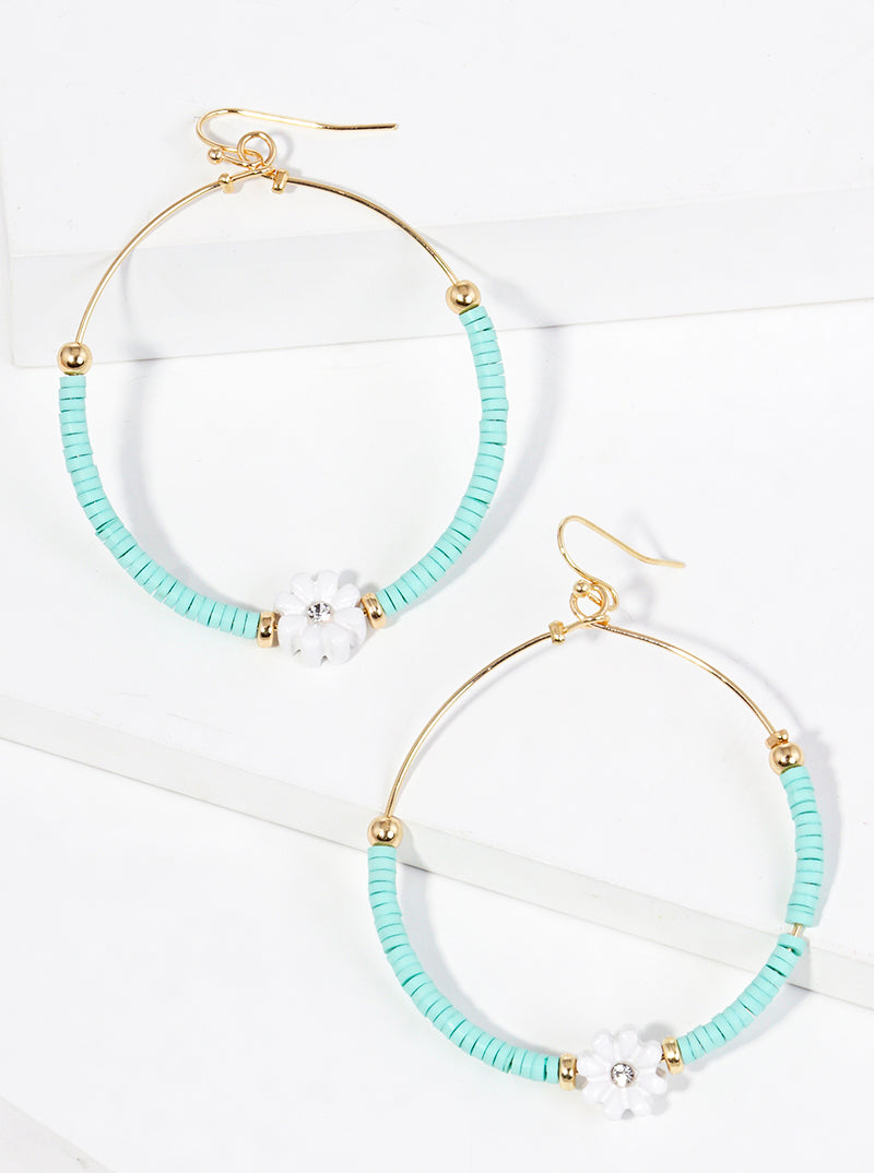 Clay Beaded Flower Charm Circle Wire Dangle Drop Earrings