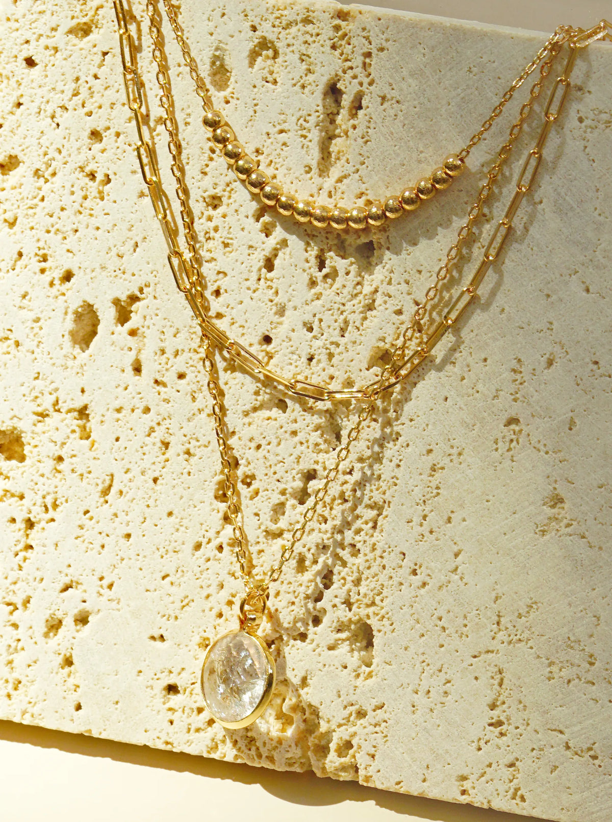 Clear Stone Pendant 3-Layer Multi Chain Necklace