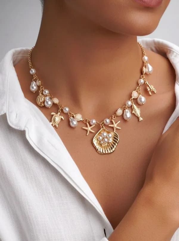 Coastal Sea Life Charm Necklace With Pearls