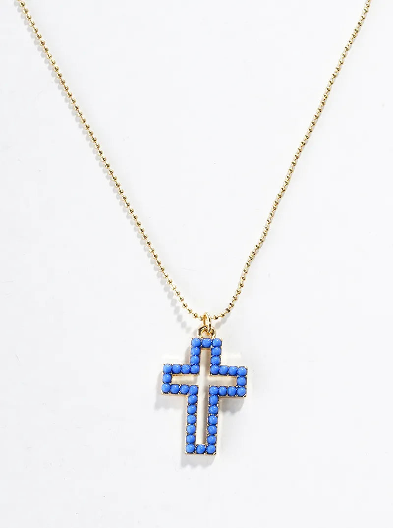 Color Beaded Cross Pendant Ball Chain Necklace