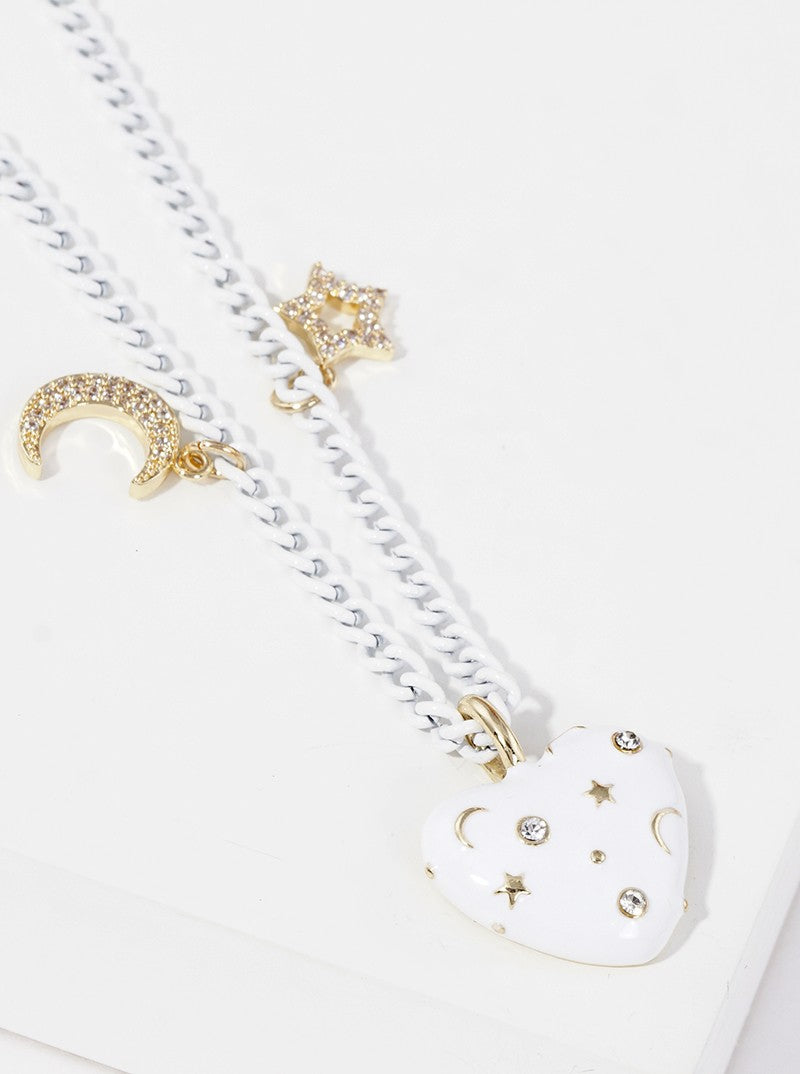 Color Coated Metal Heart Pendant With CZ Stars Magnetic Closure Chain Necklace White