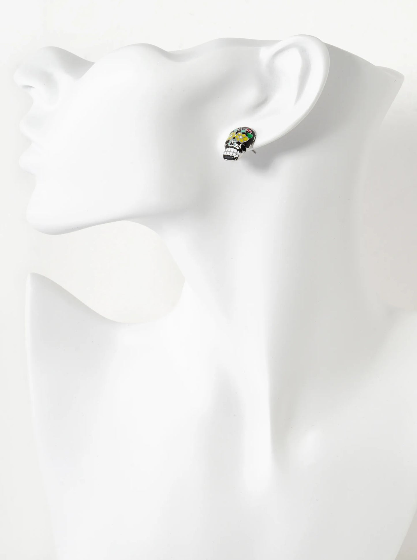Colorful Enamel Skull Head With Flower 15mm Calavera Sugar Skull Stud Earrings