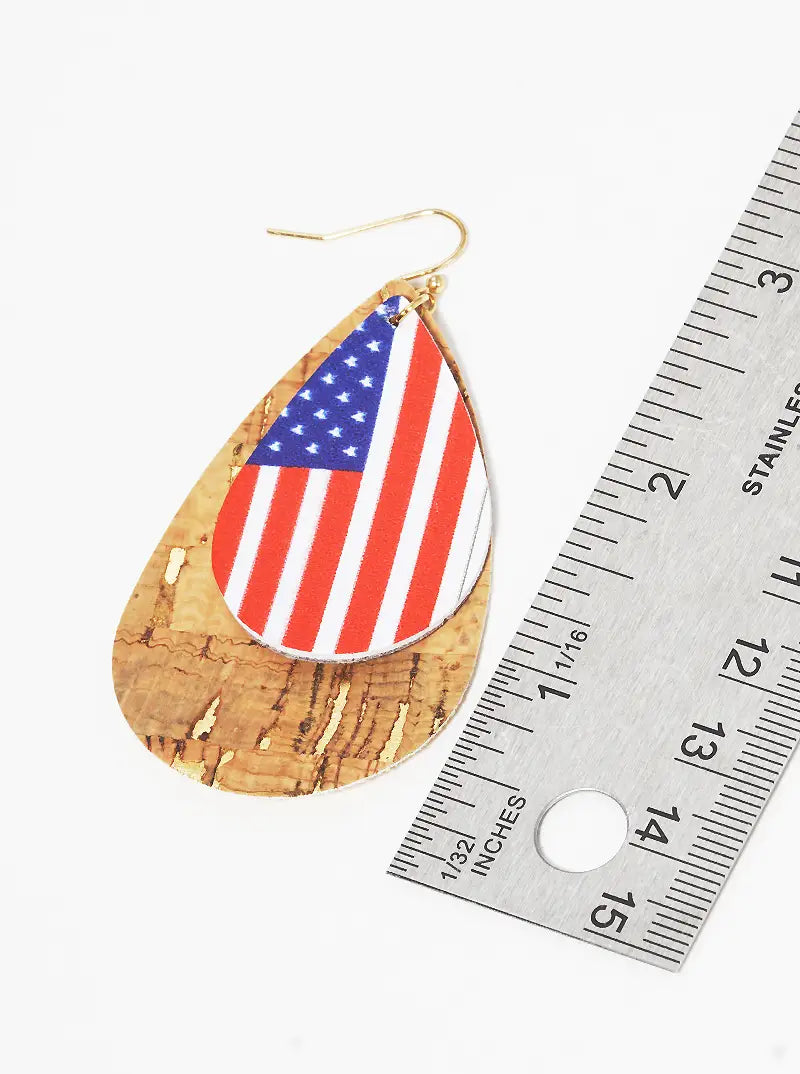 Cork And USA Flag Printed Leatherette Double Teardrop Dangle Earrings