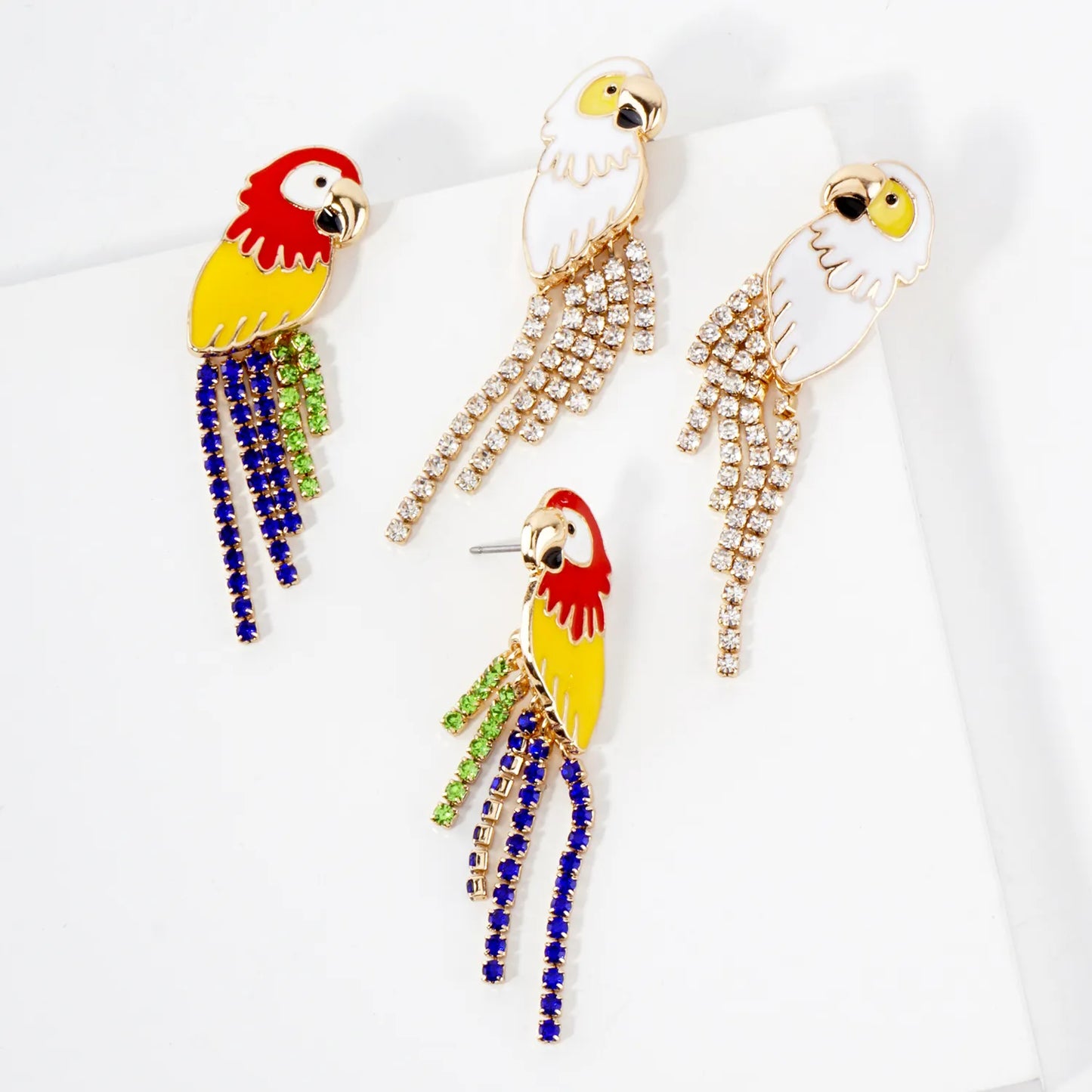 Crystal Chain Drop Enamel Parrot Statement Earrings