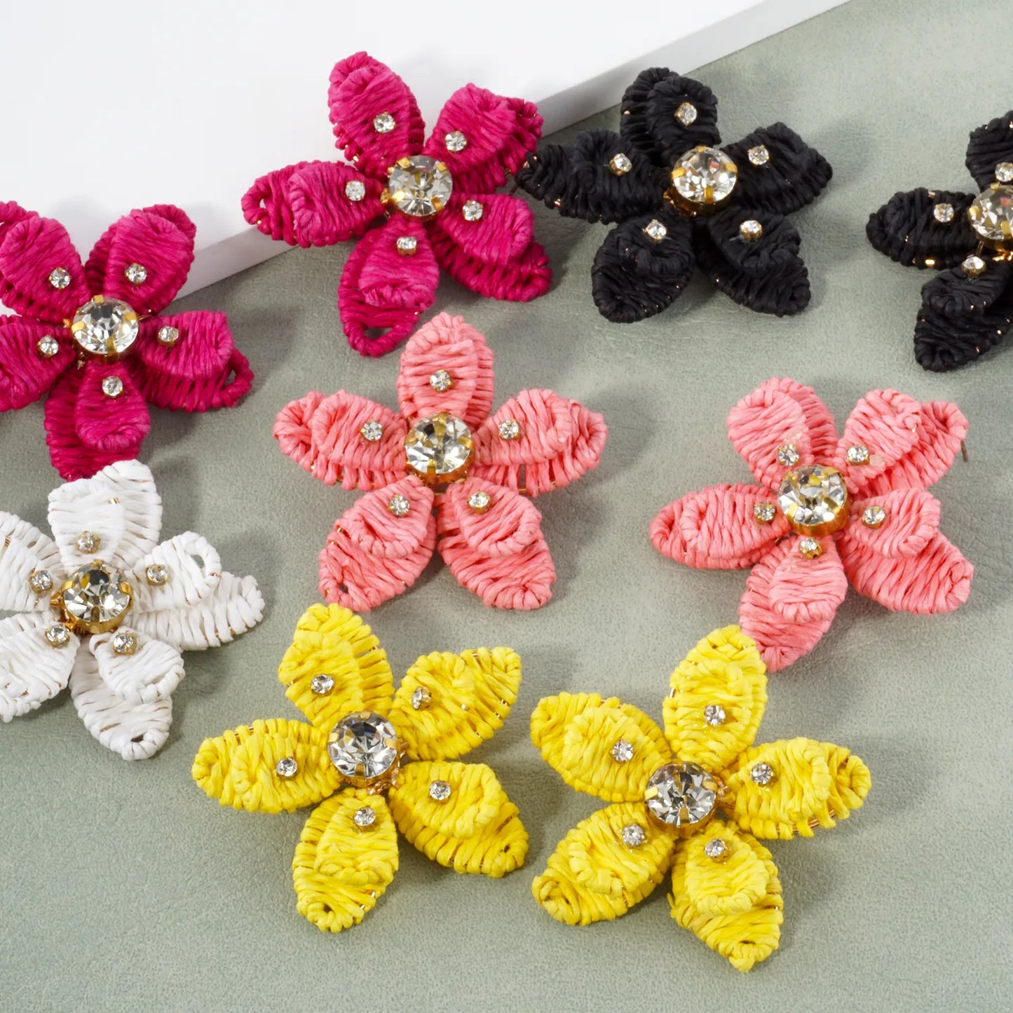 Crystal Embellished Raffia Wrapped Flower Statement Earrings
