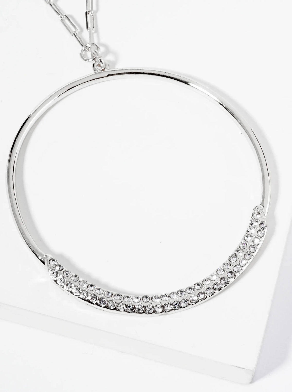 Crystal Pave Circle Pendant 30 Inch Long Necklace