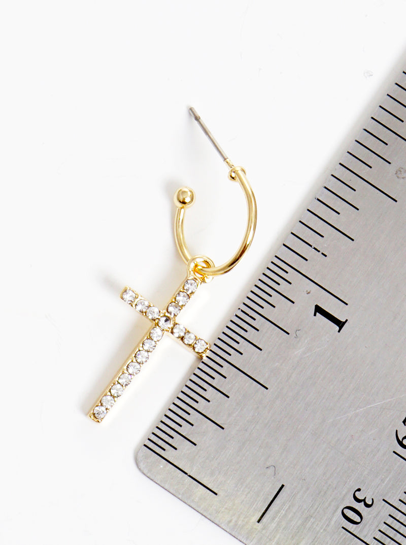 Crystal Pave Cross Dangle Drop 10mm Huggie Hoop Earrings
