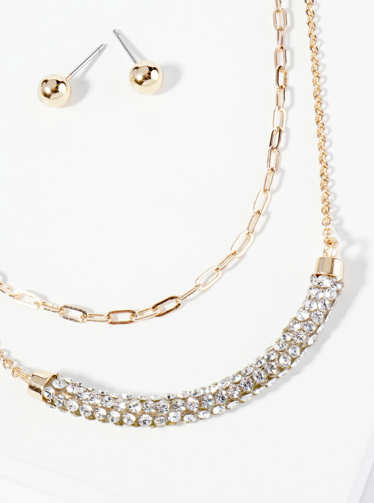 Crystal Pave Curved Bar Pendant Layered Necklace Set With Earrings