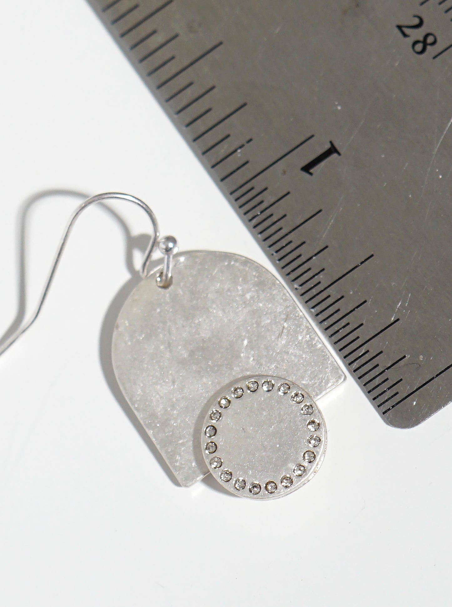 Crystal Pave Hammered Metal Geometric Shaped Fish Hook Dangle Drop Earrings
