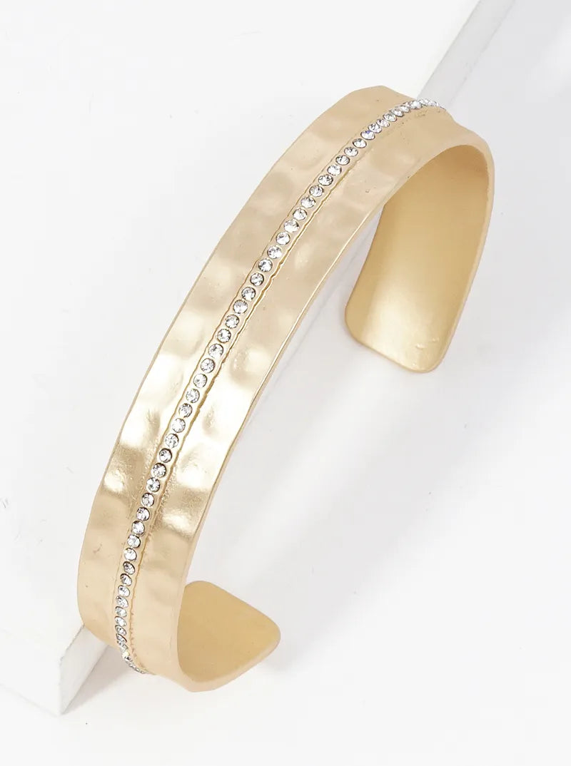 Crystal Pave Hammer Textured Metal Open Cuff Bracelet