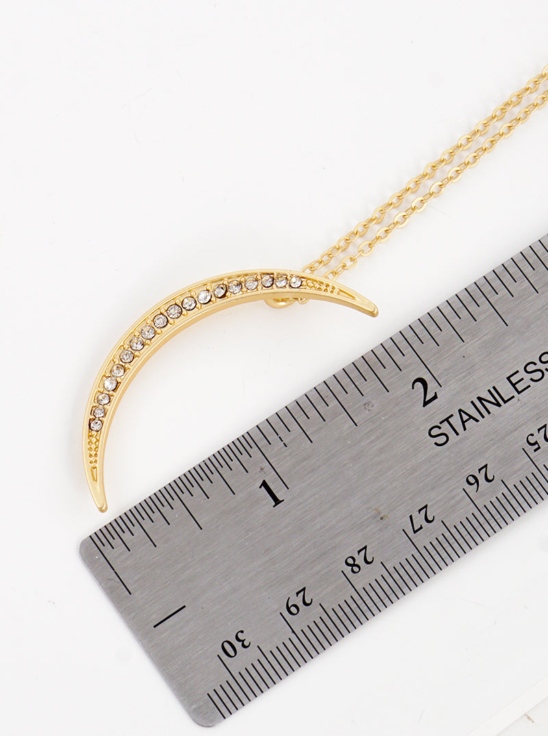 Crystal Pave Metal Crescent Moon Pendant 32 Inch Long Necklace