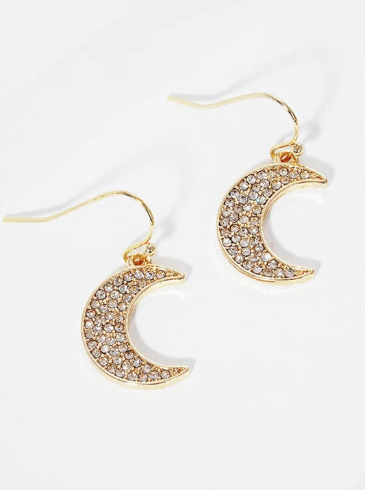 Crystal Pave Moon Dangle Drop Earrings