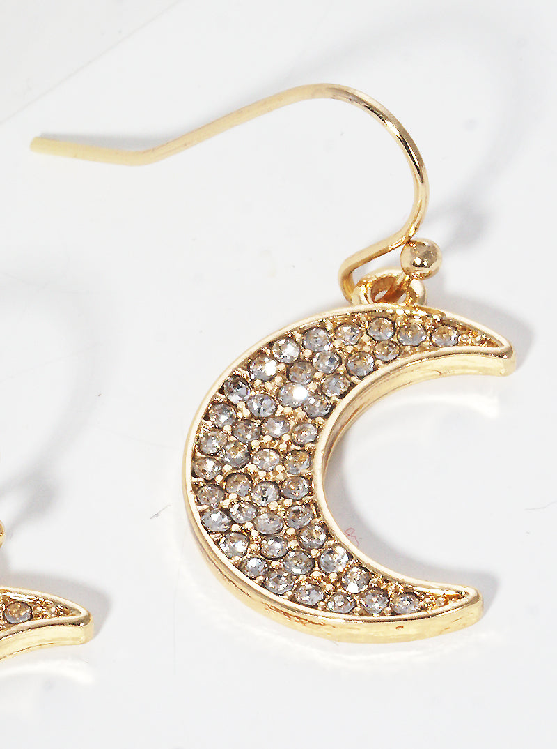 Crystal Pave Moon Dangle Drop Earrings