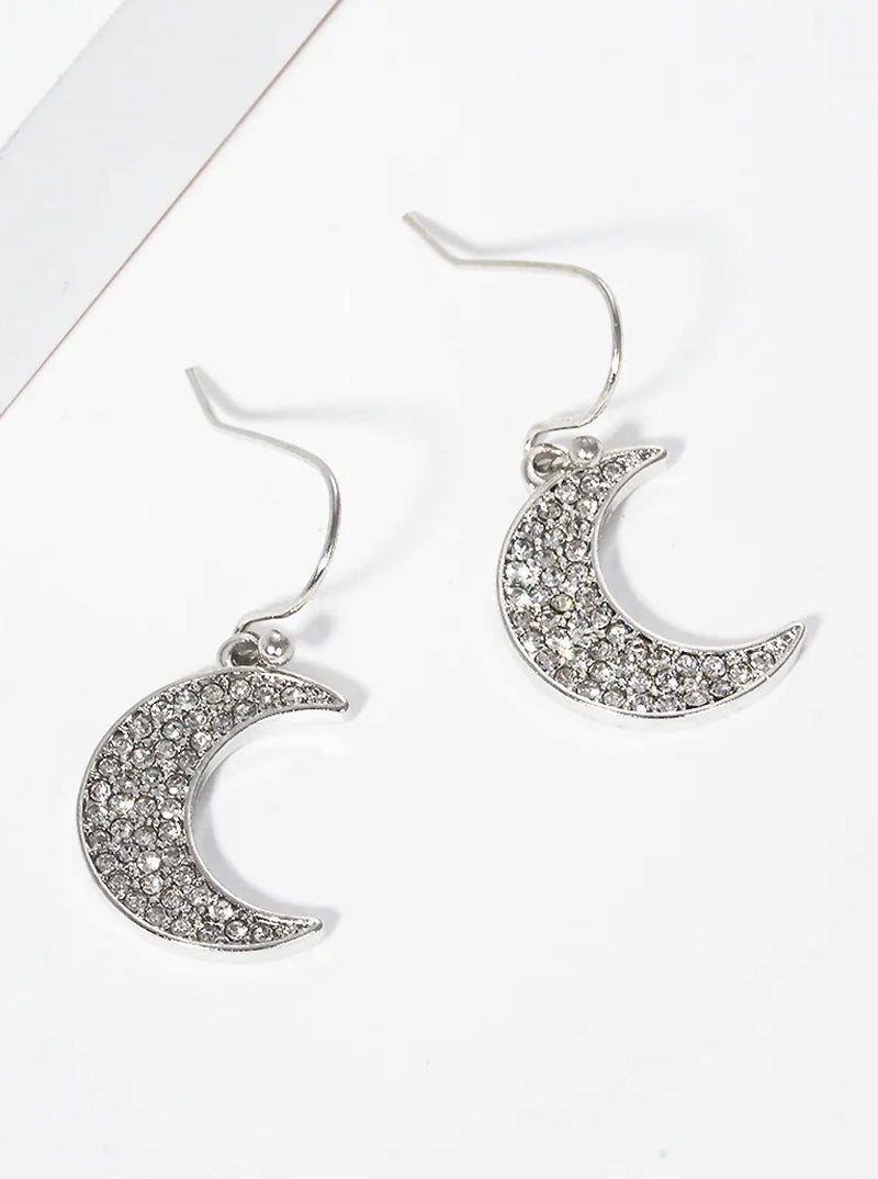 Crystal Pave Moon Dangle Drop Earrings