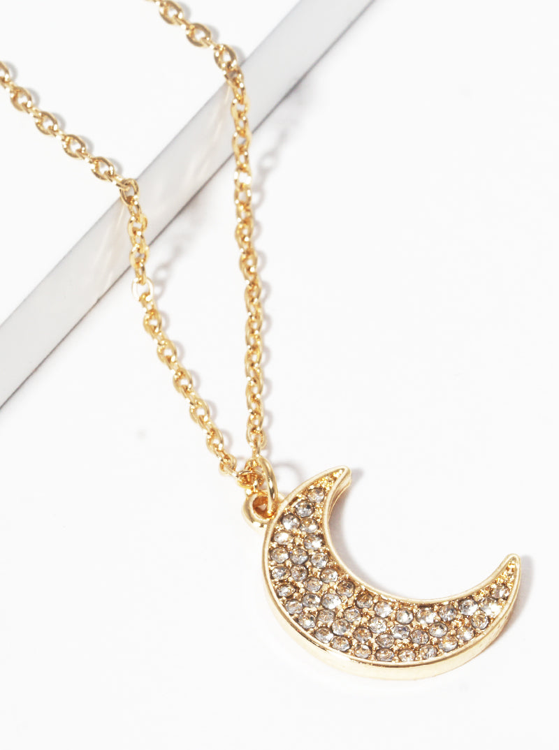 Crystal Pave Moon Pendant Delicate Necklace