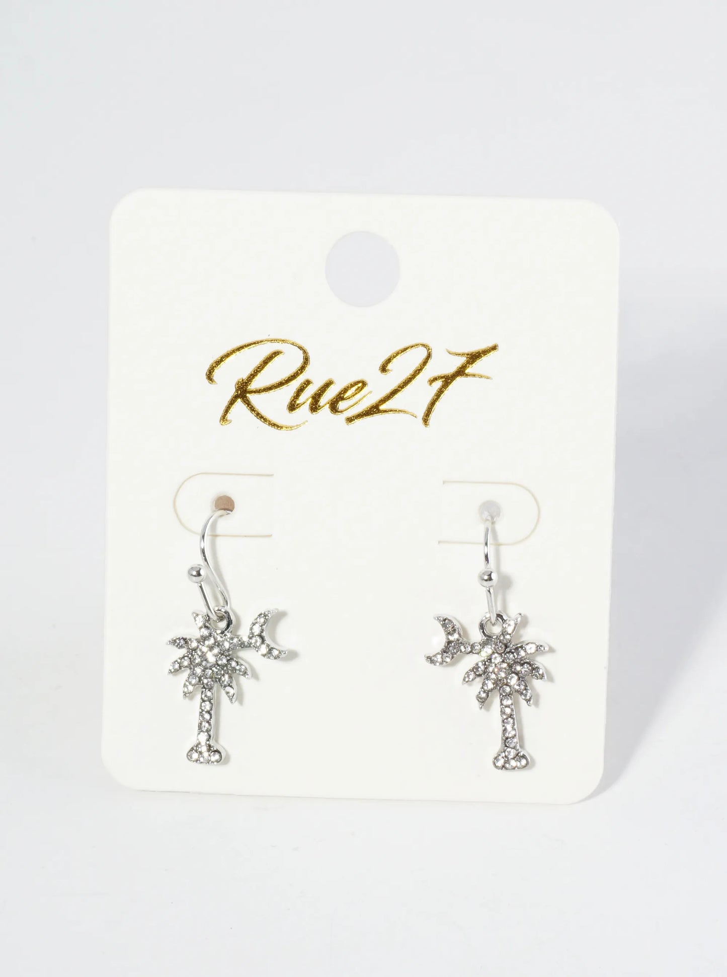 Crystal Pave Palm Tree And Moon Drop Dangle Earrings