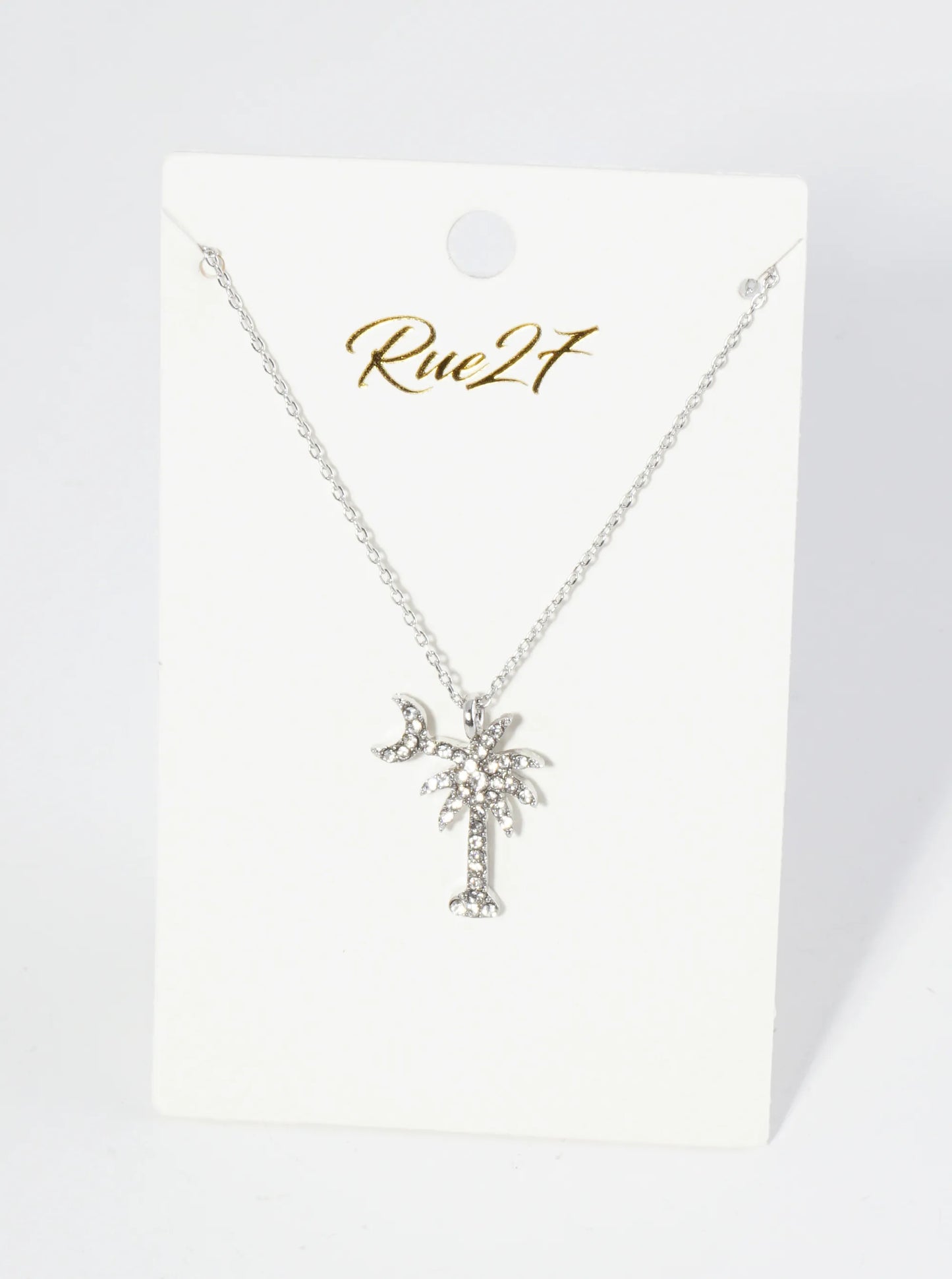 Crystal Pave Palm Tree And Moon Pendant 16 Inch Necklace