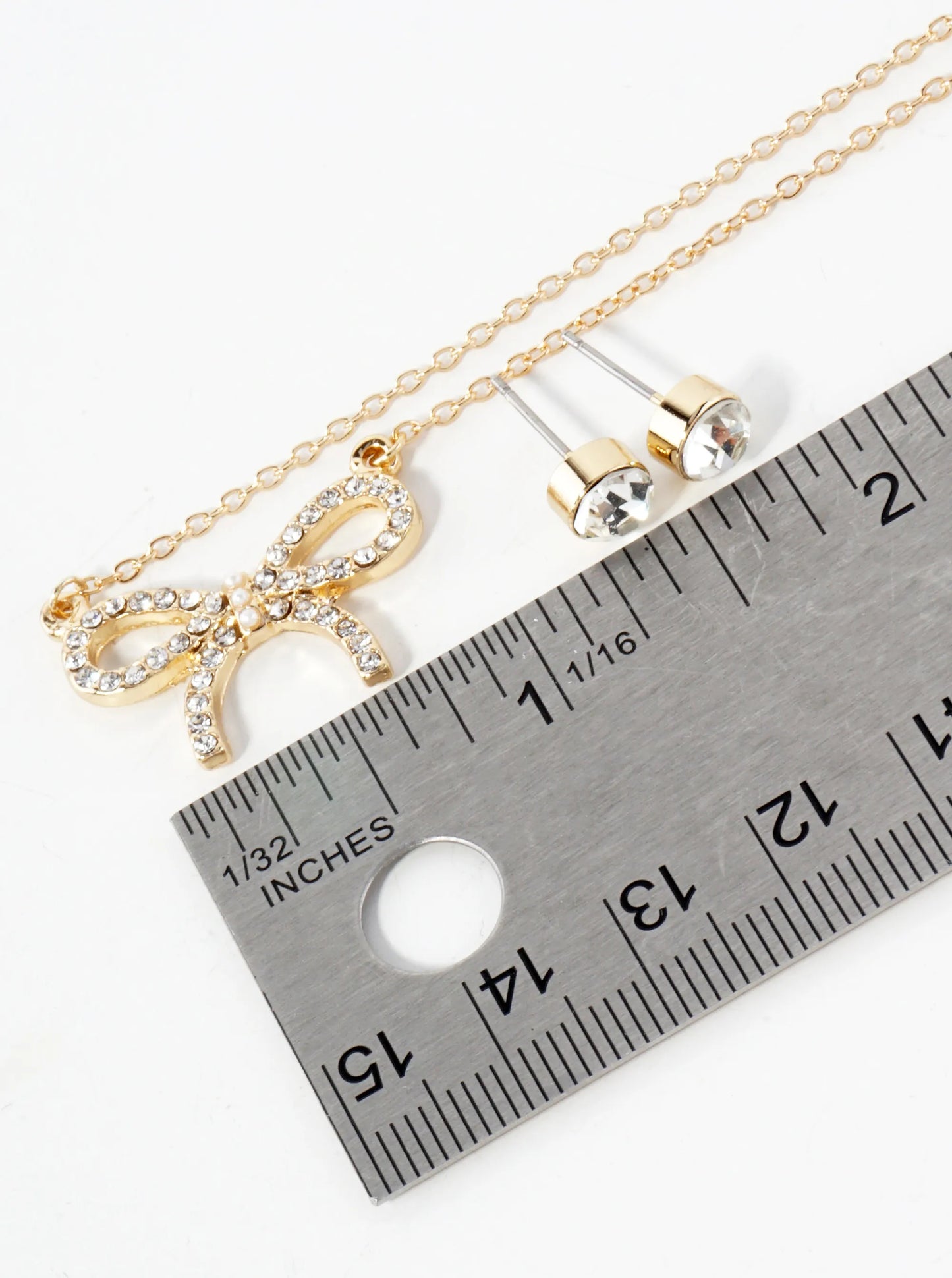 Crystal-Pave Ribbon Bow Pendant 16-inch Necklace Set-with-Earrings