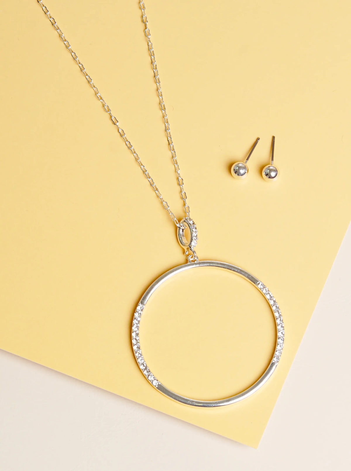 Crystal Pave Round Pendant 32 Inch Long Necklace Set With Earrings